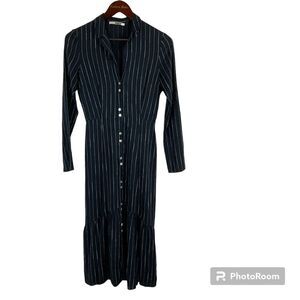 Becken Cinched Flare Dress Sz 2 Navy Blue Pinstriped Button Front Silk Dress H3